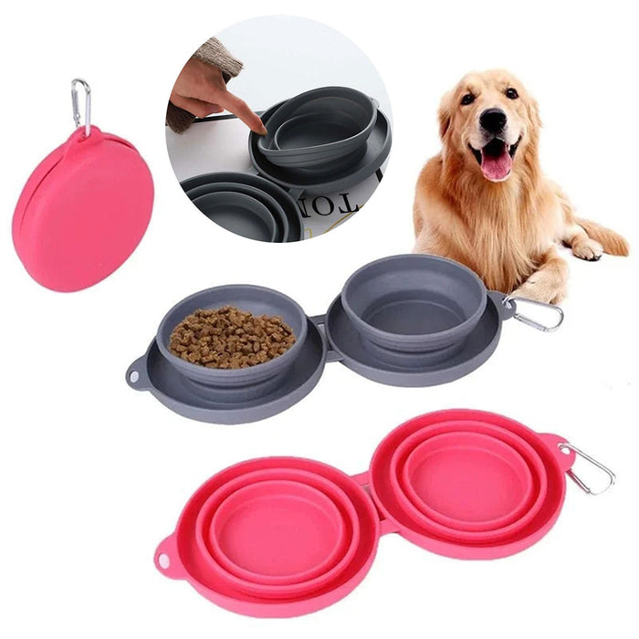 Collapsible Double Pet Bowl – Portable Silicone Dog & Cat Travel Feeding Set
