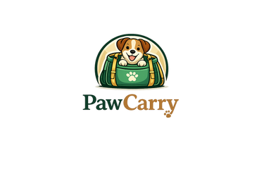 Logo of Paw Carry with a dog in a green bag on a white background